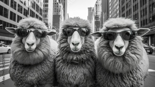 A group of sheep wearing sunglasses and walking in the city, Generative AI photo