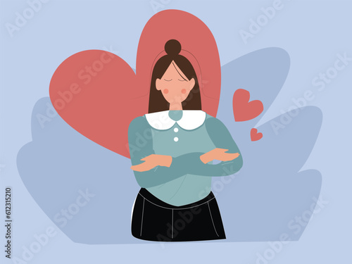 happy woman hug herself with hearts,Self care is take care of yourself and wellbeing, enjoy exercise, sleep and hobbies, help you stay healthy, balance life, and better cope with stress and anxiety.