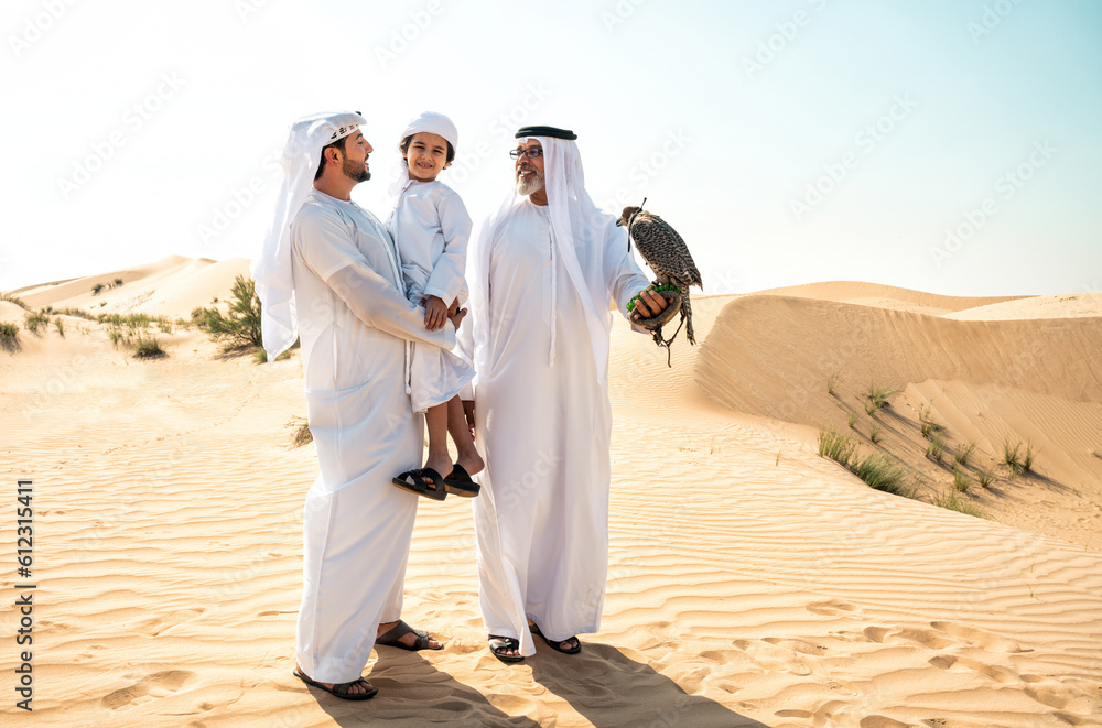 Naklejka premium Three generation family making a safari in the desert of Dubai