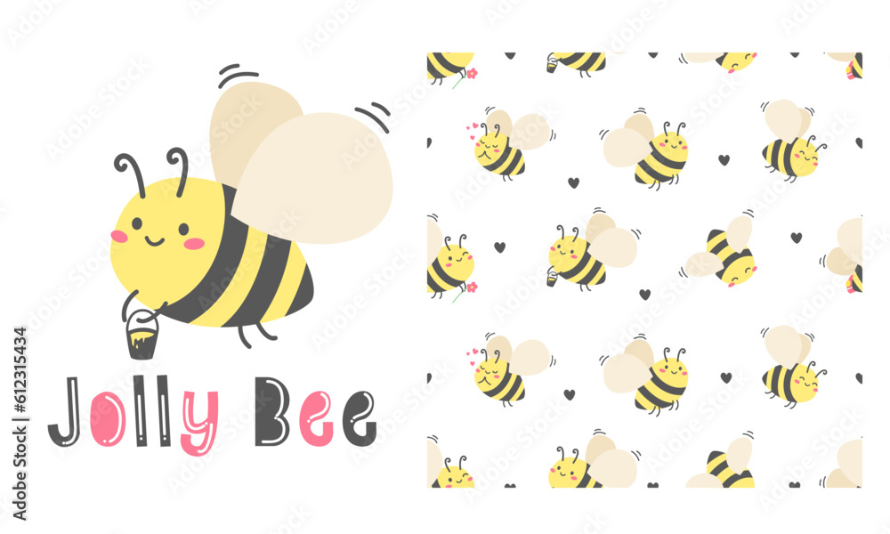 Vector set for printing on products. Printable print with a cute bee. Seamless pattern on white background with bees. Vector illustration
