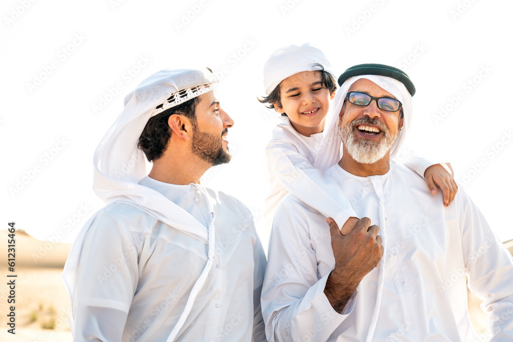 Three generation family making a safari in the desert of Dubai