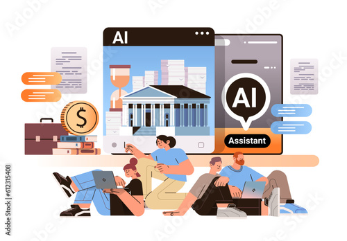 students learning online in computer app with ai helper bot education assistant e-learning concept
