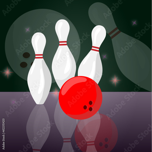 Bowling set: skittles and red ball with shadows and highlights. Vector graphics
