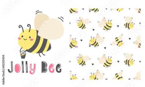 Vector set for printing on products. Printable print with a cute bee. Seamless pattern on white background with bees. Vector illustration