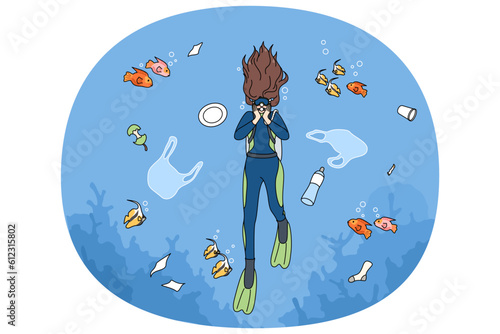 Scuba diver floating in contaminated with plastic garbage sea. Female swimming in ocean see water contamination. Concept of ecological catastrophe and ecosystem. Vector illustration.