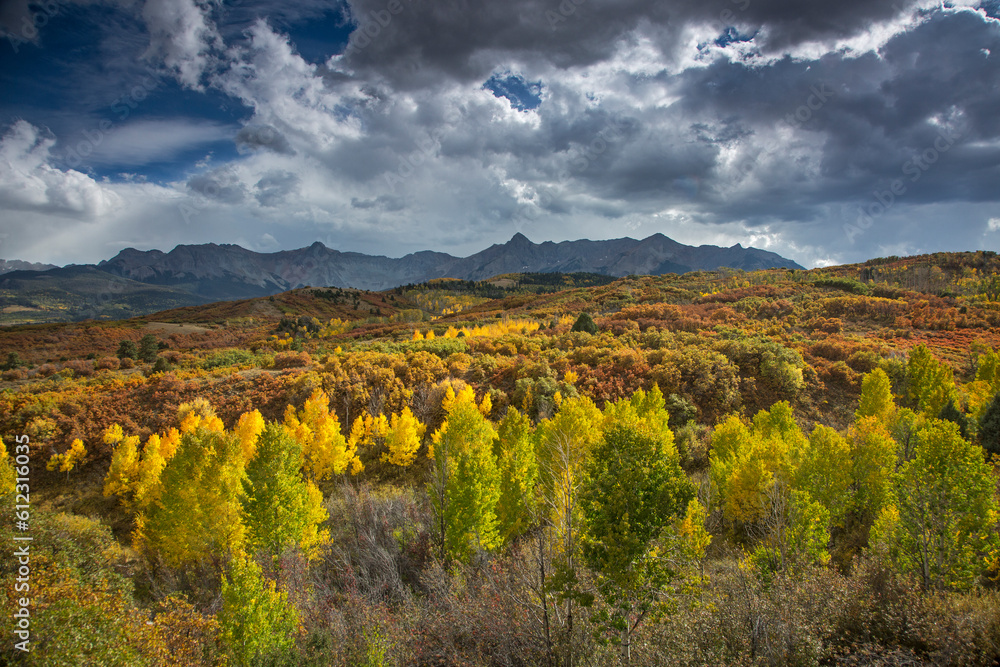 Clouds over yellow autumn trees in valley below mountains, Dallas Divide, Colorado, United States, 