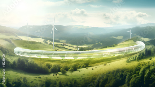 Concept of an energy storage system based on electrolysis of hydrogen for clean electricity solar and wind turbine facility..A hydrogen pipeline with wind turbines and in the background. photo