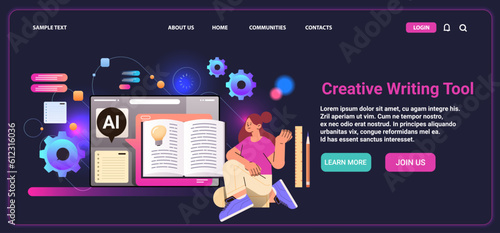 woman studying and writing down new ideas investigations in computer app with ai helper bot creative writing tool