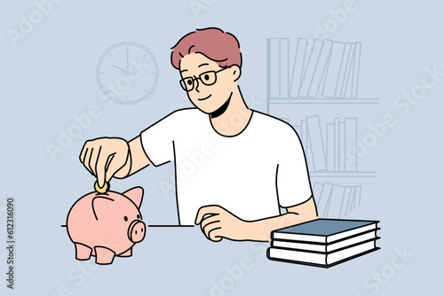 Smiling man in glasses put coin in piggybank saving money for future. Happy guy make financial investment in piggy bank. Budget management. Vector illustration. 