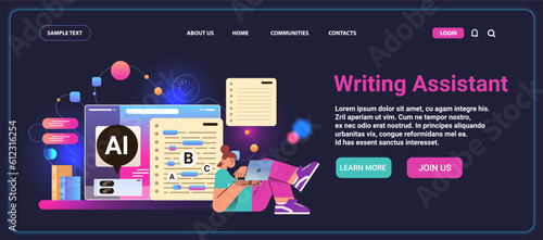 woman using writing assistant app wit ai helper bot copy writing automation technology scan mistakes and report text
