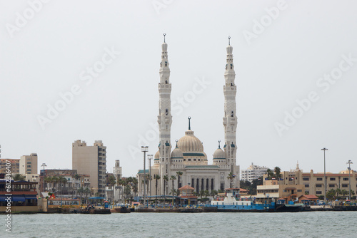 big mosque at the bank of suez canal at portsaid. Mosque located on Suez canal in the city of Portsaid in EgyptزMosque located on Suez canal in the city of Portsaid in Egypt