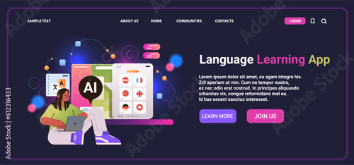 woman learning foreign language in computer app with ai helper bot education concept horizontal