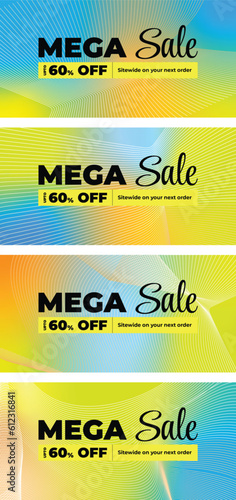 Set of mega sale discount banners with mesh gradient abstract waves yellow shade