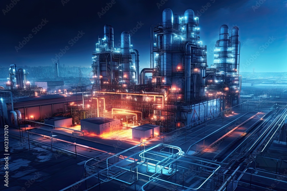 Double exposure of oil refinery plant with sunset sky background. Energy and industry concept