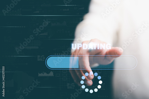 Man pushing software update button, technology information update and upgrade concept, online program installation, maintenance and process change, new interface refresh website.