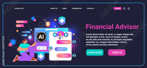 professional financial advisor giving advise in computer app with ai helper bot investment money management planning