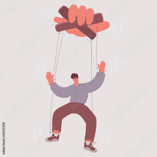 Vector illustration of Puppeteer Hand Controlling Puppet. Business man being controlled by puppet master. Manipulates a man like a puppet. marionette, Mind controlled.