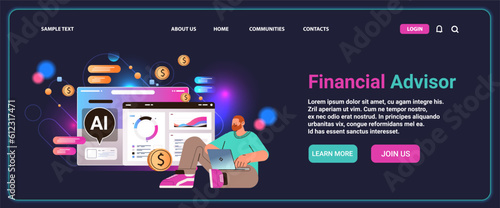 professional financial advisor giving advise in computer app with ai helper bot investment money management planning concept
