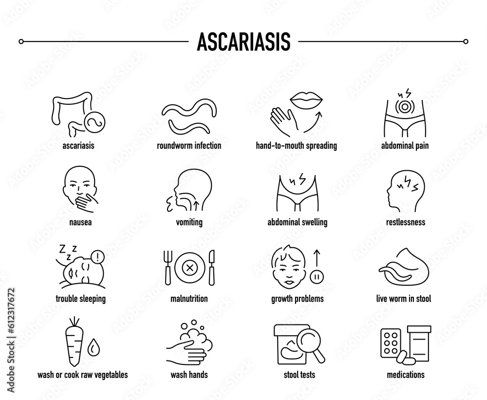 Ascariasis symptoms, diagnostic and treatment vector icon set. Line editable medical icons.