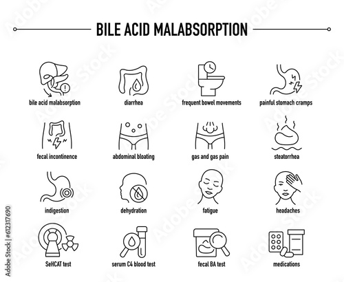 Bile Acid Malabsorption symptoms, diagnostic and treatment vector icon set. Line editable medical icons.