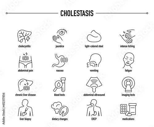Cholecystitis symptoms, diagnostic and treatment vector icon set. Line editable medical icons.