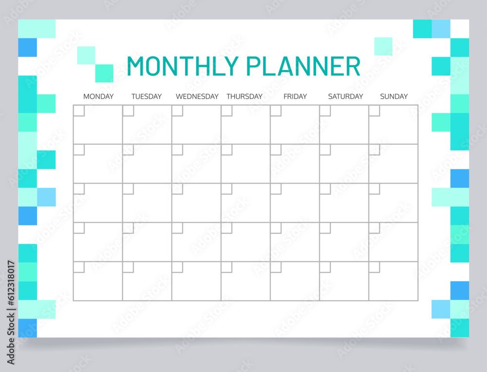 Planner for month worksheet design template. Blank printable goal setting sheet. Time management sample. Scheduling page for organizing personal tasks. Barlow Medium, Oxygen Regular fonts used