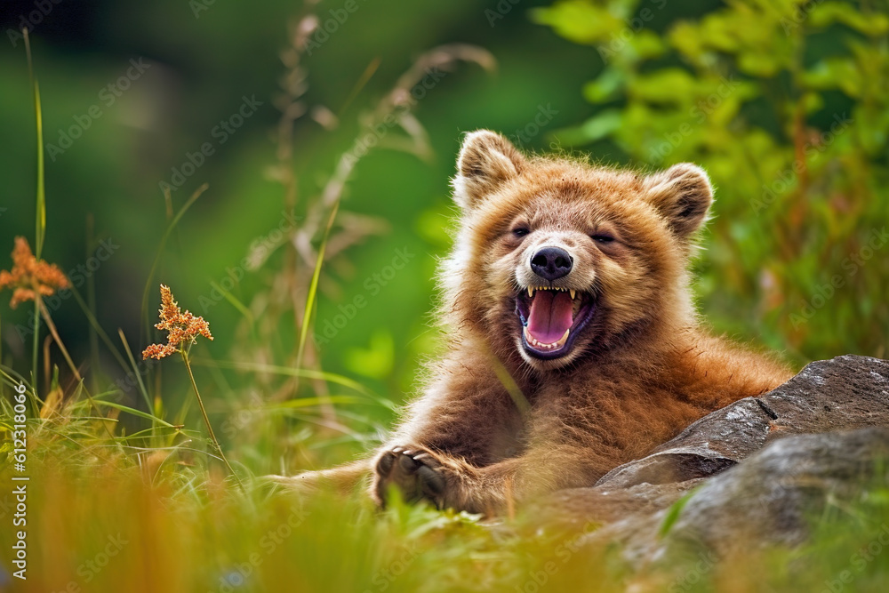 Brown bear cub in the forest. Teddy bear stretches and yawns after sleep Brown bear cub in the forest. Teddy bear stretches and yawns after sleep
