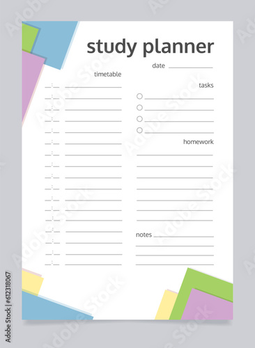 Study planner worksheet design template. Blank printable goal setting sheet. Time management sample. Scheduling page for organizing personal tasks. Barlow Bold, Oxygen Regular fonts used