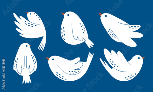 Set of cute white little birds in various poses. Clip arts in with flying, sitting birdie for card, valentine's, sticker, banner, print. Hand drawn modern lovely illustrations in flat style.	