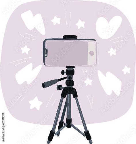 Vector illustration of phone on tripod with smartphone for phone studio photo light podcast concept equipment for streaming video