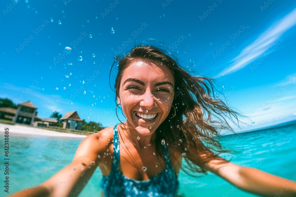 Beautiful young woman having fun in swimming suits on a beach with cristalline water on a sunny day