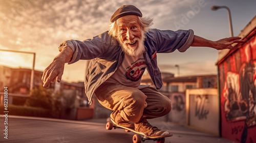 Energetic and joyful old man enjoy riding skateboard and doing stunts - ai generative