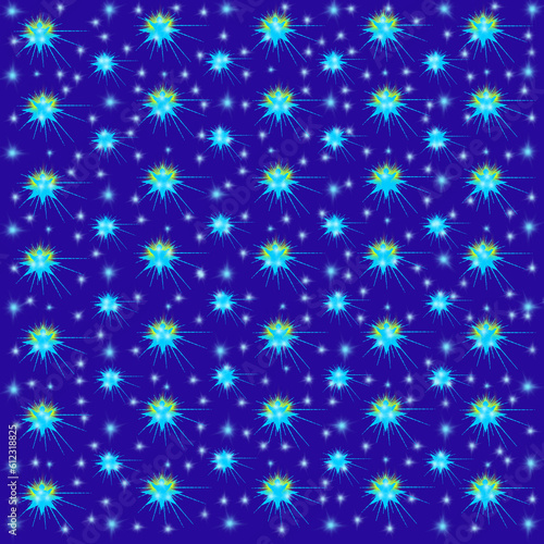 Blue background with stars with rays and angels