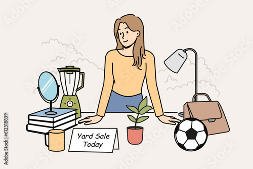 Smiling woman standing at desk selling goods on yard sale. Happy female offer things on backyard sale. Vector illustration. 