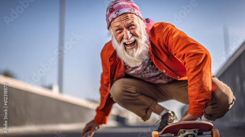 Energetic and joyful old man enjoy riding skateboard and doing stunts - ai generative photo