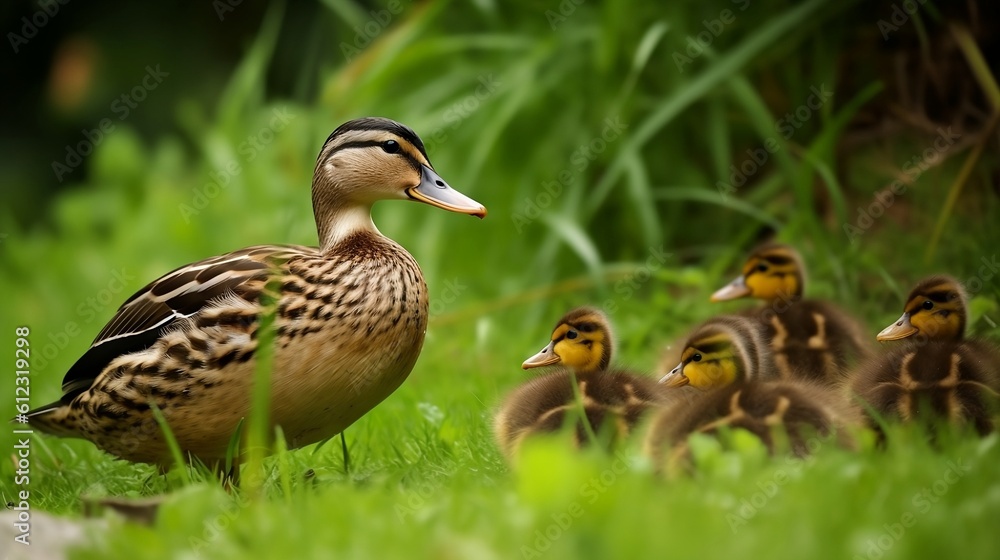 Mallard ducks is isolated on a grass background. Generative AI Mallard ducks is isolated on a grass background. Generative AI
