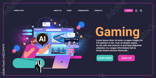 man gamer play video game with ai chatbot helper gaming artificial intelligence technology concept horizontal