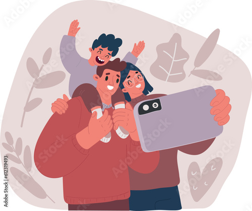 Vector illustration of Family taking picture with phone or talk with friends or relatives on chat. Happy moments. Mother, father and son, kid sittin on fathers shoulders.