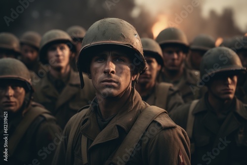 Fotografie, Obraz A powerful image showcasing a group of soldiers during second world war, standing together in a pose that represents unity, camaraderie, and resilience