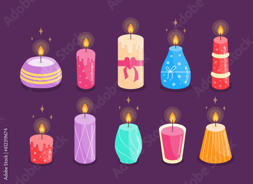 Lighted Aroma Candles Cartoon Set. Comfort Theme, Home Design and Romance Elements. Candle Colorful Drawn Vector Collection.