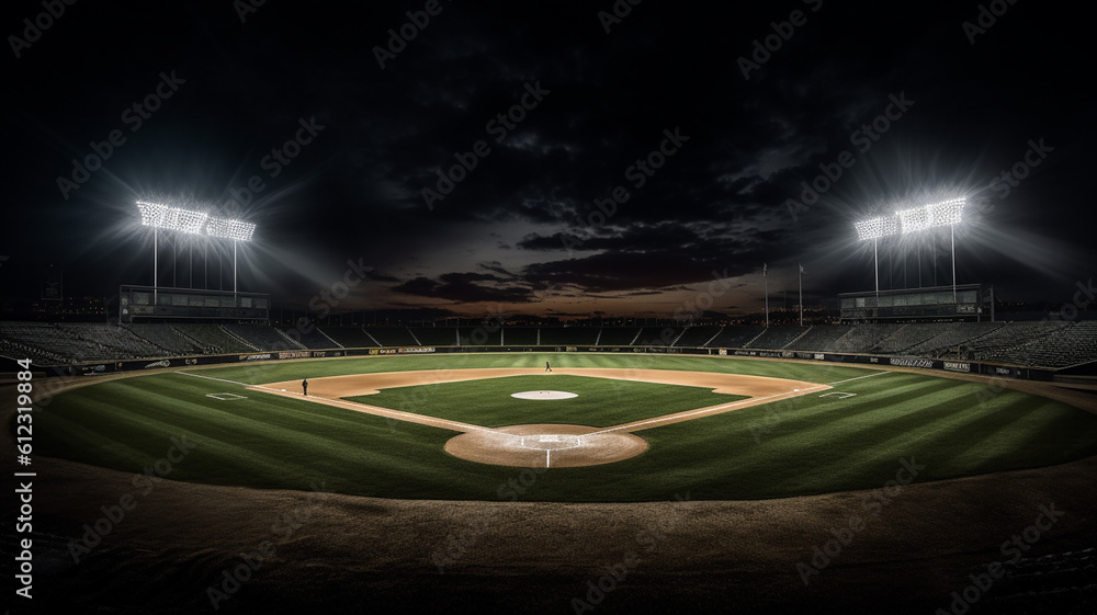 Baseball field at night with dramatic lighting, created with Generative AI technology