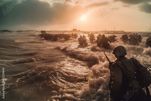 A dynamic impactful image capturing the chaos and bravery of the soldiers storming the beaches of Normandy during the intense D-Day invasion. Generative AI photo