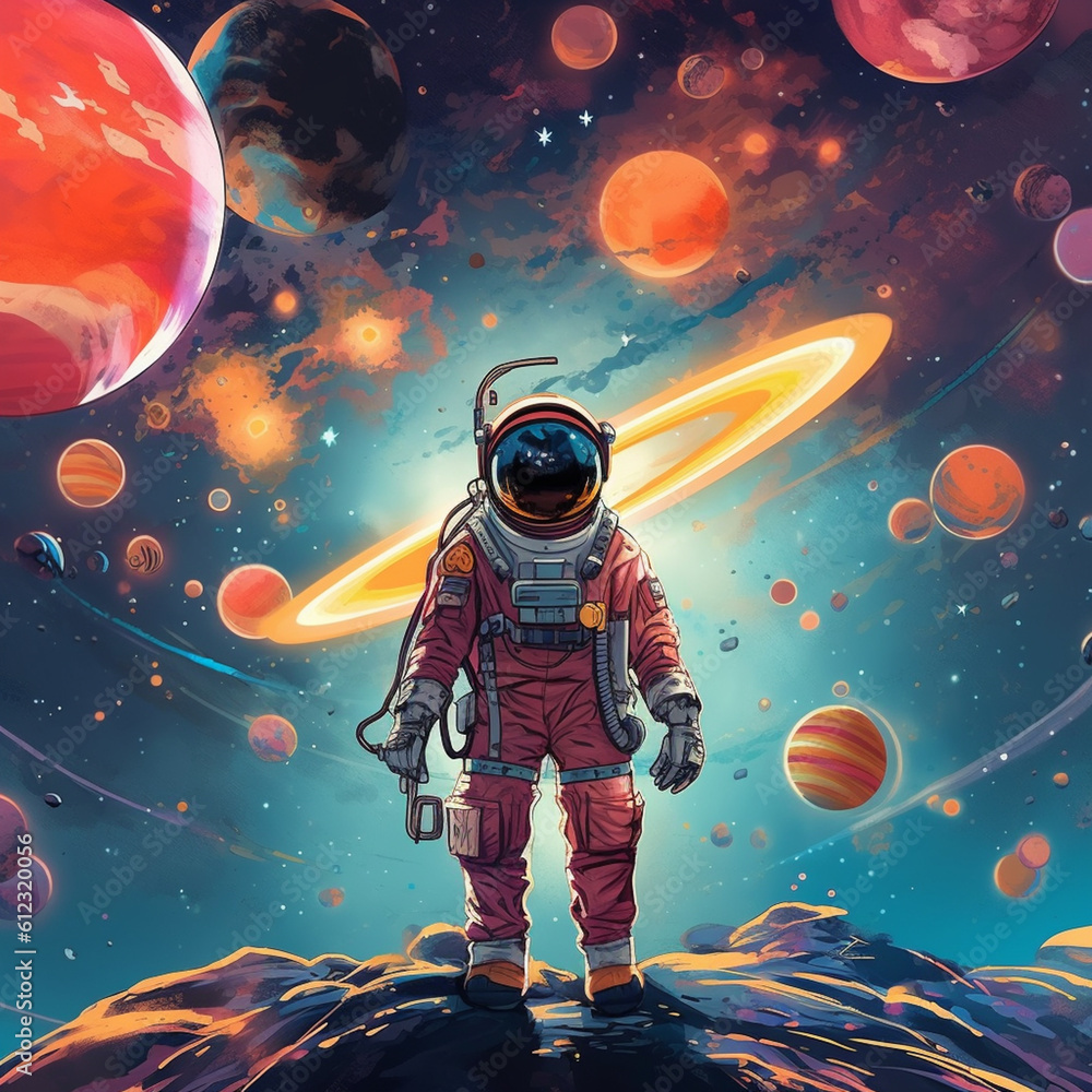 Cartoon astronaut on a colorful space, created with Generative AI ...