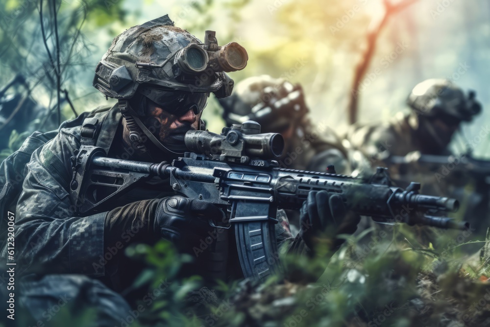 Group of soldiers in intense combat situations, representing the chaos and bravery. Generative AI Group of soldiers in intense combat situations, representing the chaos and bravery. Generative AI