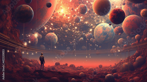 A human figure contemplating a huge space with planets, created with Generative AI technology