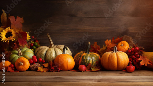 Pumpkins and  fallen leaves background. Autumn harvest on a wood