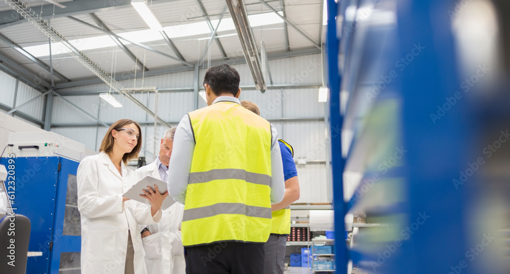 Engineers and worker talking in steel factory Engineers and worker talking in steel factory