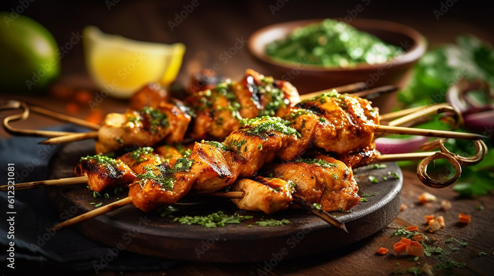 Generative AI. Tangy Tandoori Chicken Skewers with Spicy Mint Chutney Ultra-high quality