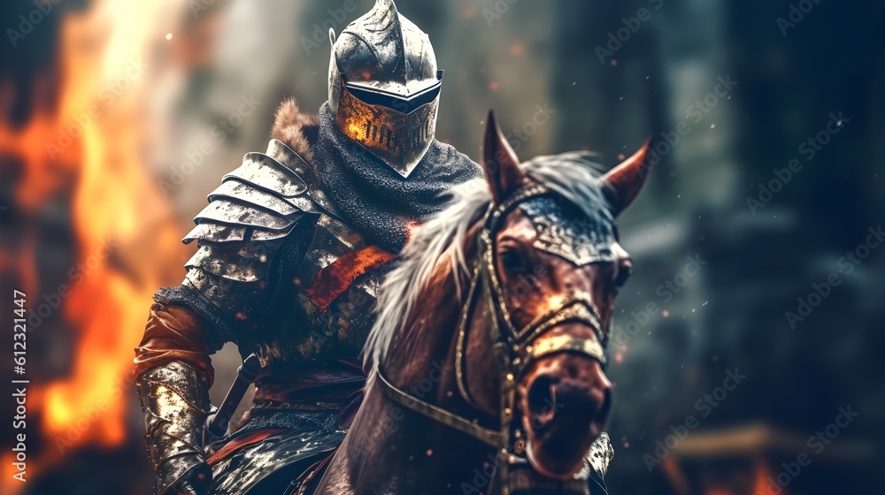 Naklejka premium medieval knight riding a horse - Generative AI