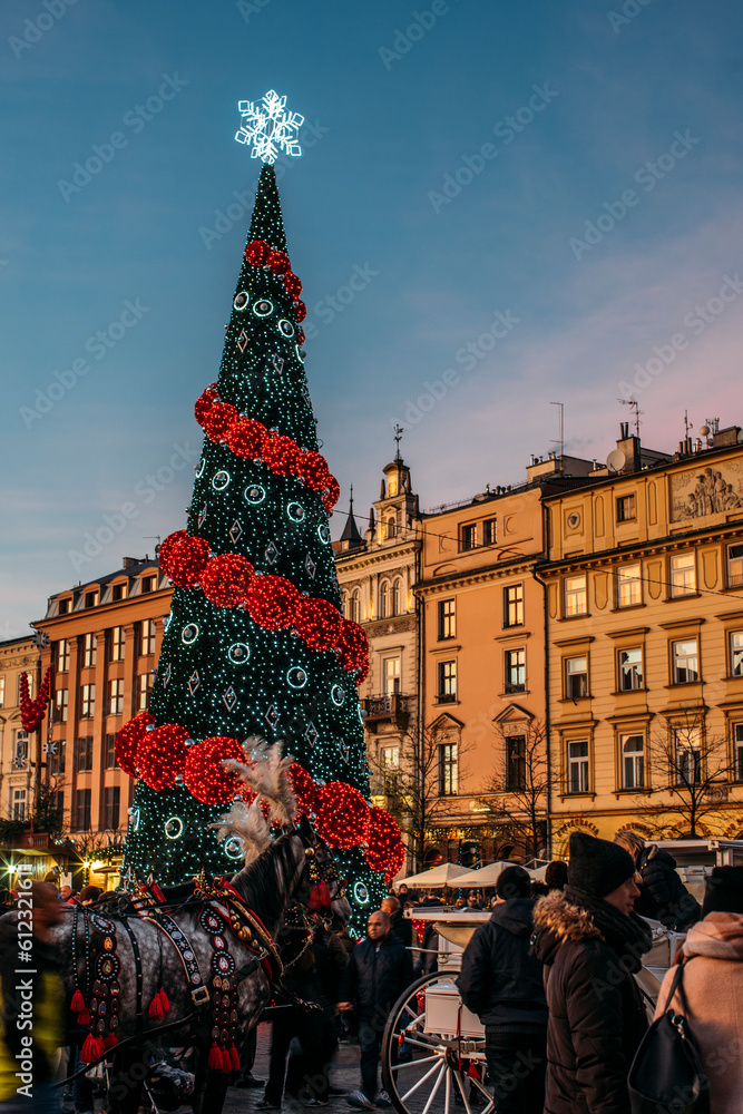 Obraz premium Christmas tree in town square, Cracow, Poland